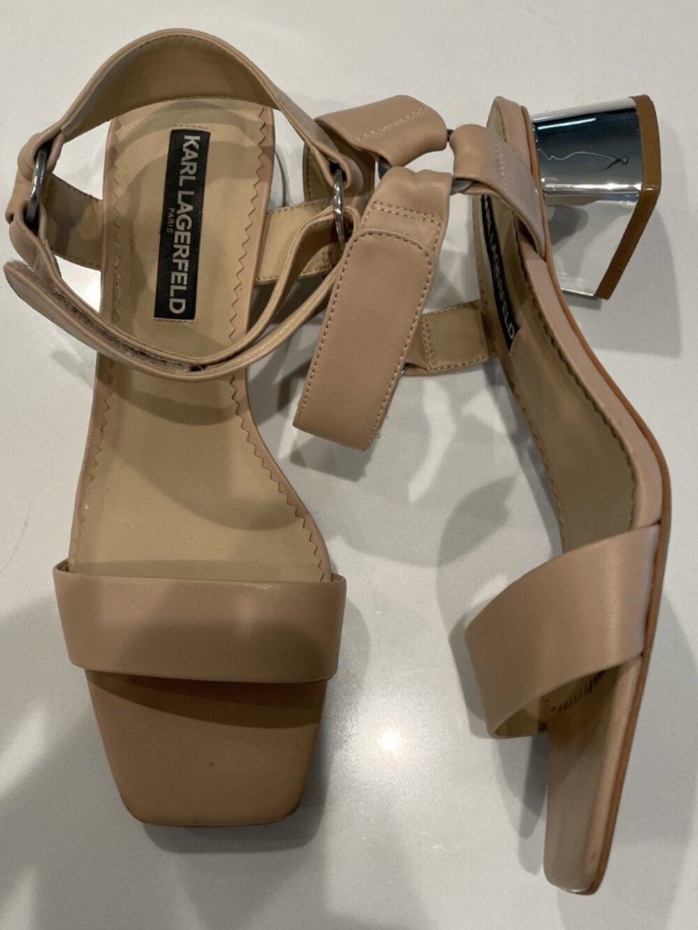 Karl Lagerfeld Tan Leather Chrome Block Heeled Sandals - Size 8 - Retail $139